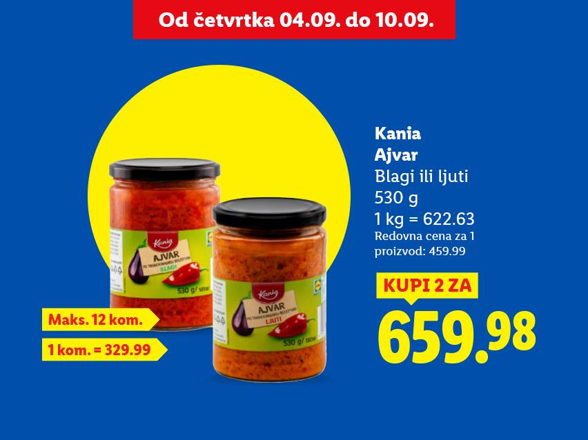Tegle Kania ajvara (blagog i ljutog) sa cenama i datumima promocije.
