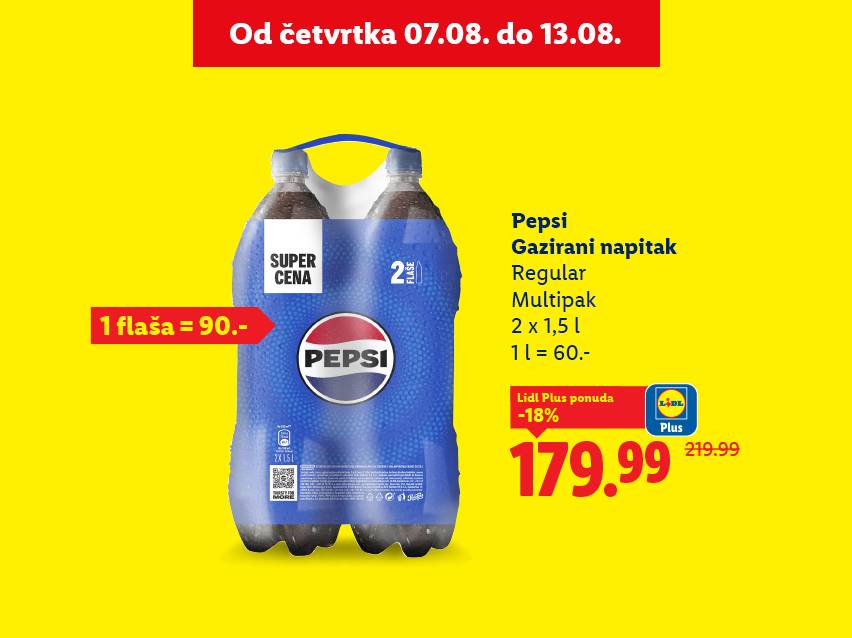 Reklama za Pepsi gazirani napitak u pakovanju od 2x1,5L, sa cenom od 179.99 dinara.