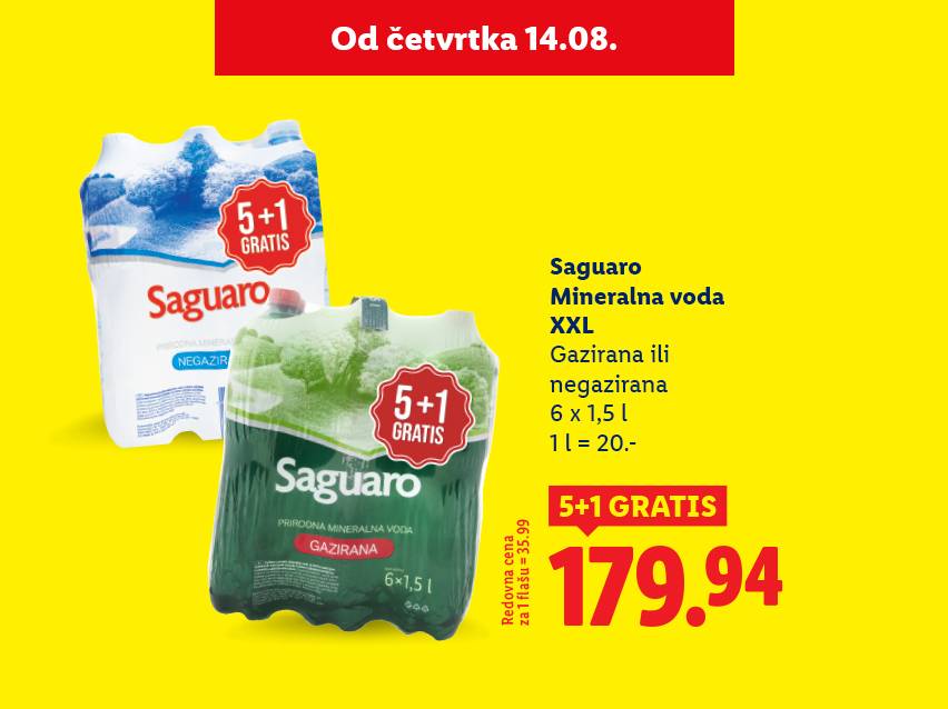 Saguaro mineralna voda, 6x1,5L, gazirana ili negazirana, 5+1 gratis, 179.94.