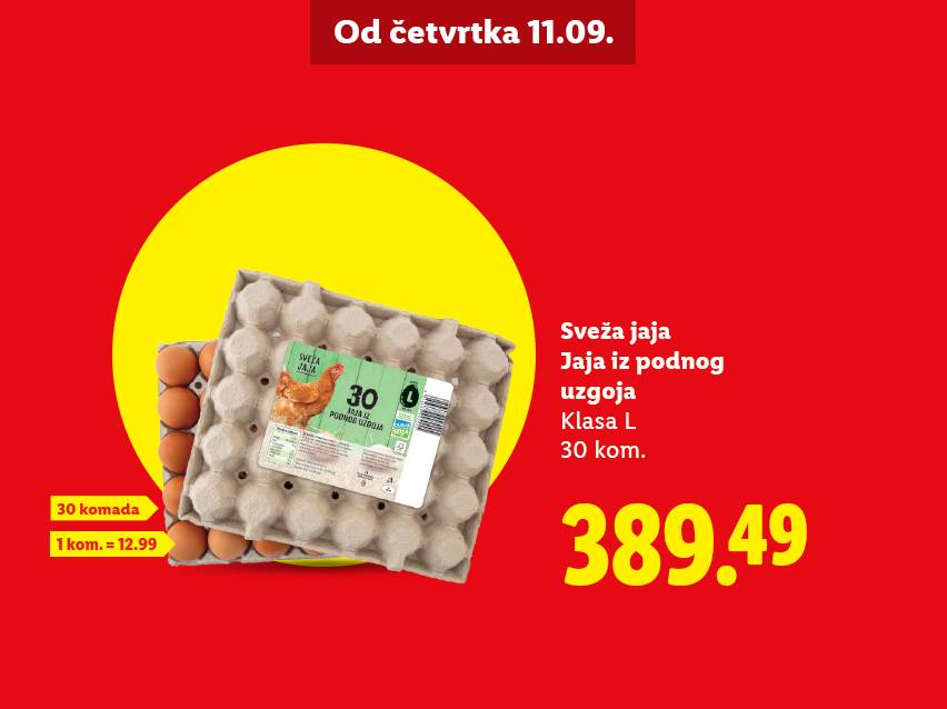 Pakovanje od 30 svežih jaja L klase iz podnog uzgoja, sa cenom.