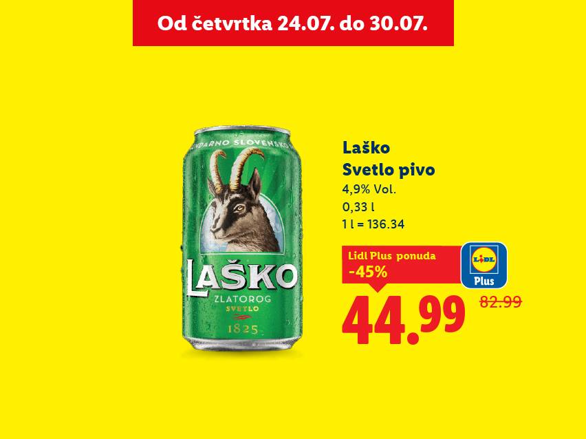 Laško svetlo pivo, Lidl Plus ponuda, -45%, 44.99