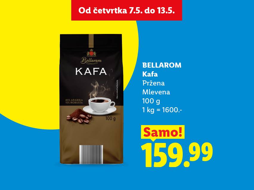 Pakovanje mlevene kafe od 100g, sa naznakom 85% Arabika i 15% Robusta, po ceni od 159.99.