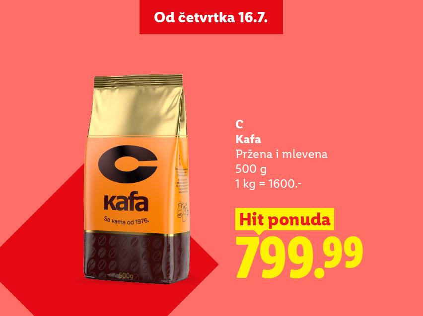 Pakovanje pržene i mlevene kafe od 500g po sniženoj ceni od 799.99, ponuda važi od četvrtka 16.7.