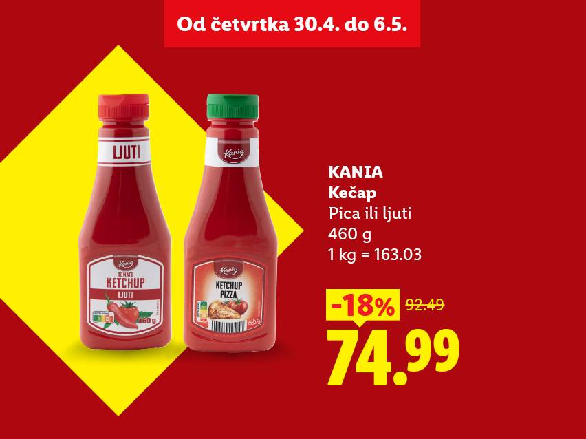 Dve boce kečapa, jedan ljuti i jedan za picu, sa cenom i popustom.