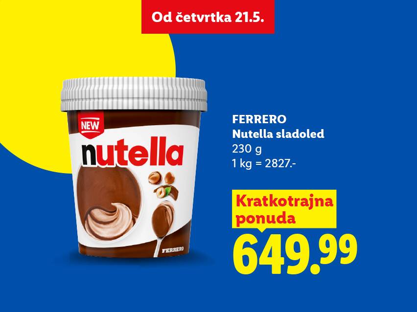 Oglas za sladoled od čokolade i lešnika, dostupan od četvrtka 21.5. po ceni od 649.99.