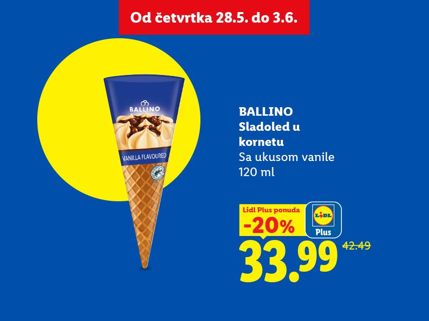 Reklama za sladoled u kornetu sa ukusom vanile, snižen 20% na 33.99.