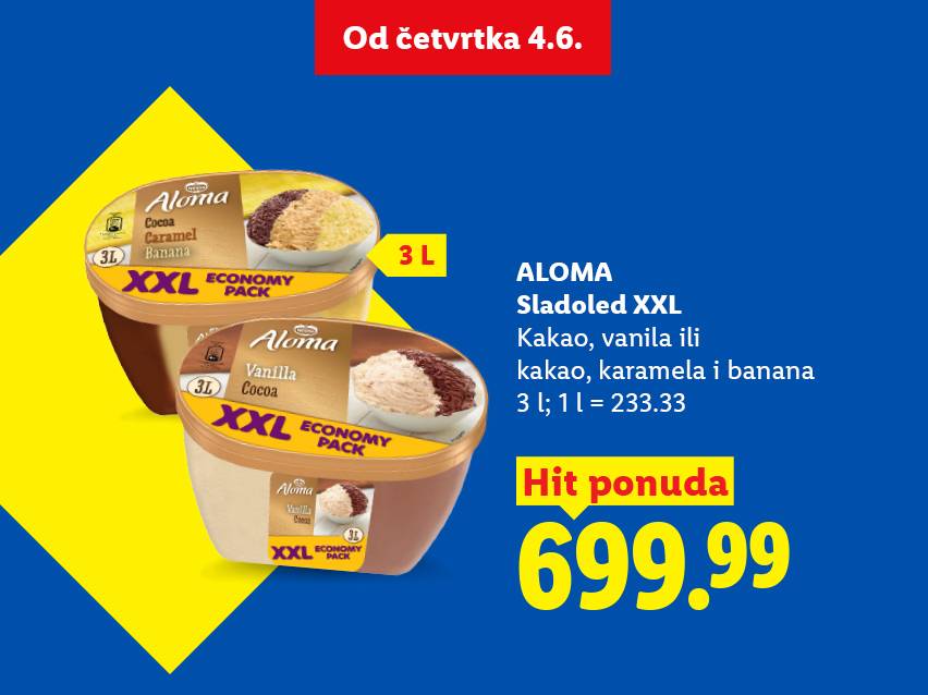 Dva velika pakovanja sladoleda sa ukusima kakao, vanila, karamela i banana, sa cenom i datumom početka ponude.