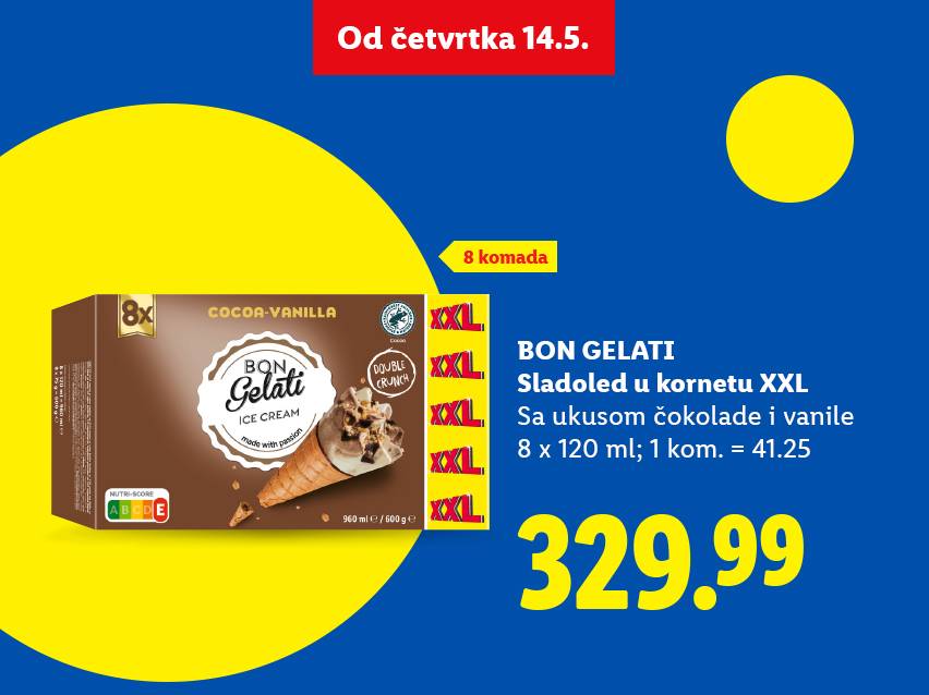 Pakovanje od 8 XXL sladoleda u kornetu sa ukusom čokolade i vanile, cena 329.99.