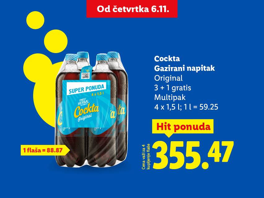 Cockta gazirani napitak, original, 3+1 gratis, multipak 4x1.5L, po ceni od 355.47.