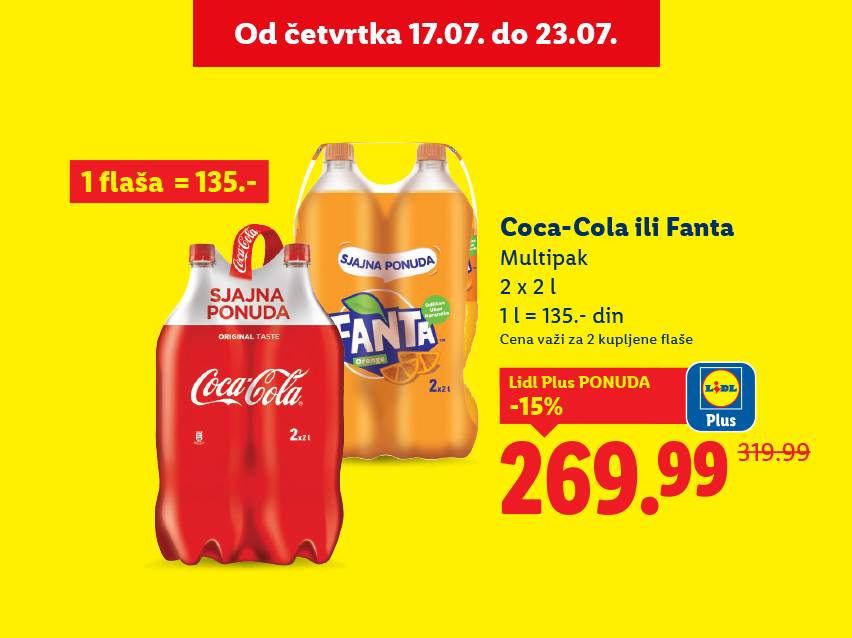 Lidl akcija: Coca-Cola i Fanta multipak (2x2l) - 15% popusta za Lidl Plus korisnike.