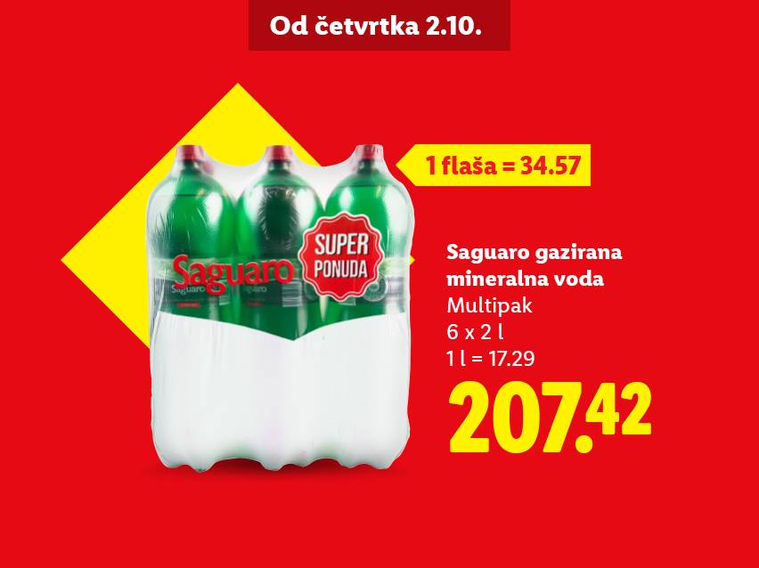 Pakovanje od šest boca Saguaro gazirane mineralne vode, sa cenom i informacijama o ponudi.