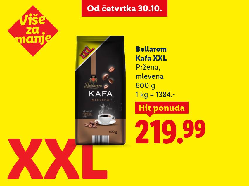 Bellarom Kafa XXL, pržena i mlevena, 600g, po ceni od 219.99 dinara, dostupna od četvrtka 30.10.