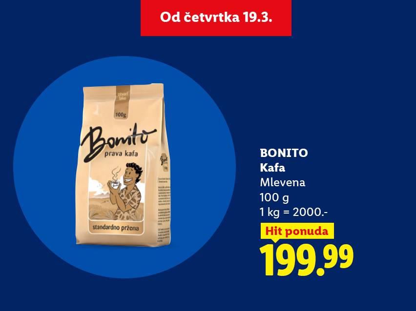 Pakovanje mlevene kafe od 100g sa natpisom 'prava kafa' i cena od 199.99.