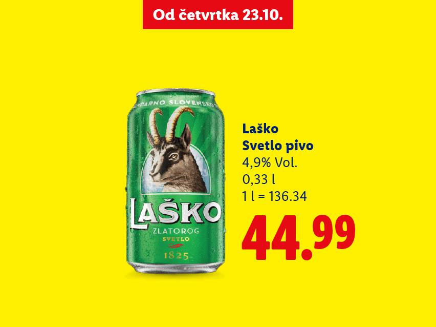 Laško Svetlo pivo u limenci, 0,33 l, 4,9% Vol., cena 44.99, ponuda od četvrtka 23.10.