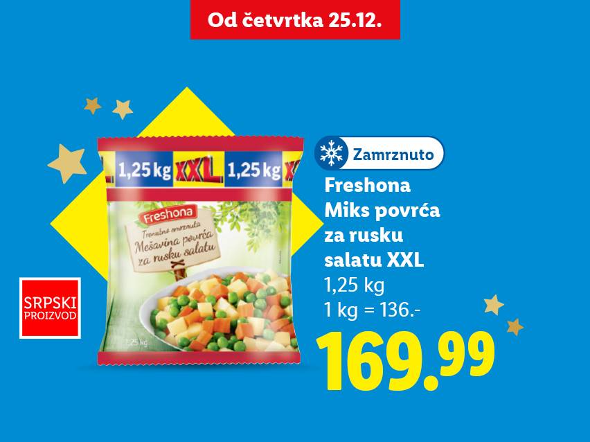 Freshona XXL mešavina smrznutog povrća za rusku salatu, 1,25 kg, cena 169.99.