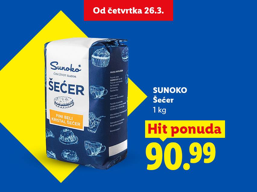 Pakovanje šećera od 1 kg sa cenom od 90.99, dostupno od četvrtka 26.3.