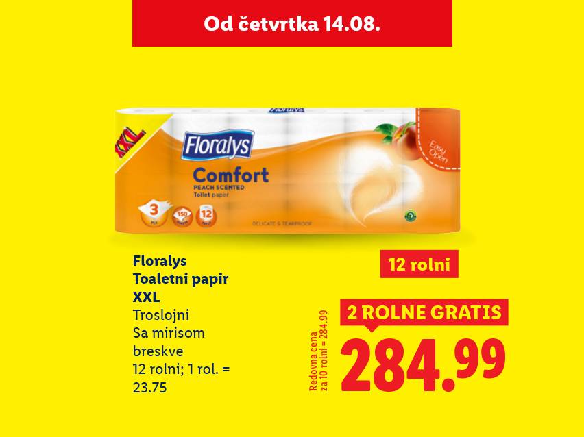 Reklama za Floralys Comfort toalet papir sa mirisom breskve, 12 rolni.