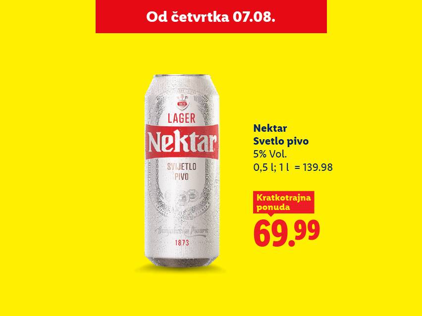 Nektar svetlo pivo u limenci, sa cenom 69.99 i informacijama o zapremini i procentu alkohola.