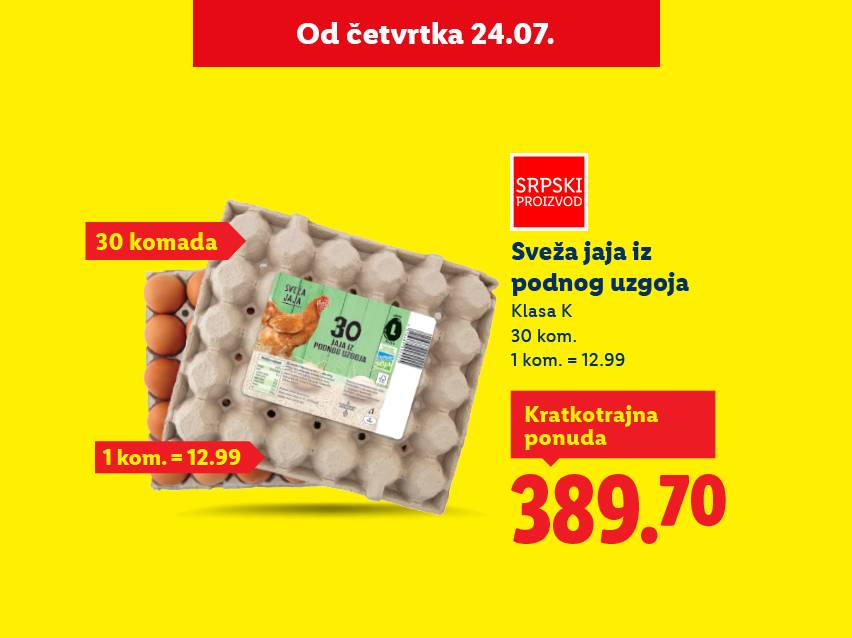 30 svežih jaja iz podnog uzgoja, klasa K, kratkotrajna ponuda.