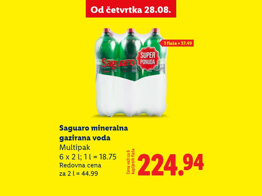 Pakovanje od šest boca Saguaro mineralne vode, sa cenom i detaljima ponude.