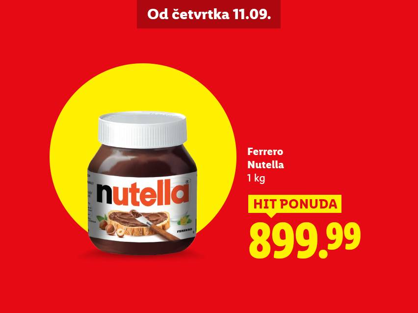 Tegla Nutelle od 1 kg na crvenoj pozadini sa žutim krugom i cenom.