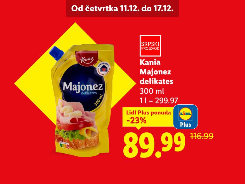 Kania majonez delikates 300ml na akciji za 89.99 RSD.