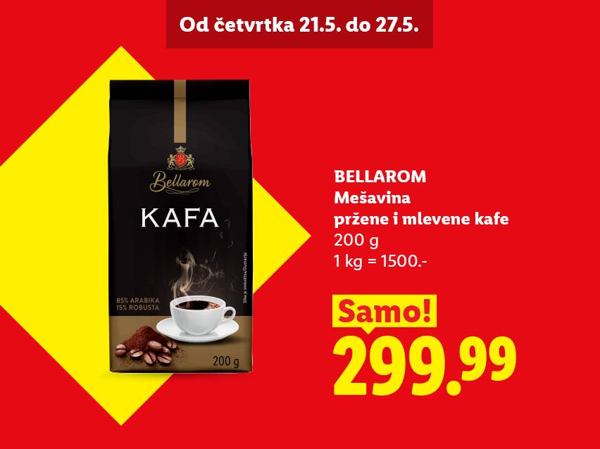 Akcija na kafu u pakovanju od 200g, po ceni od 299.99, važi od 21. do 27. maja.