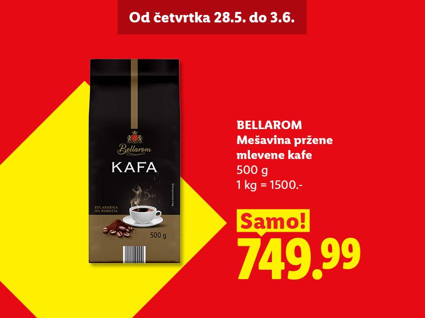 Pakovanje mlevene kafe od 500g, sa cenom od 749.99, akcija od 28.5. do 3.6.