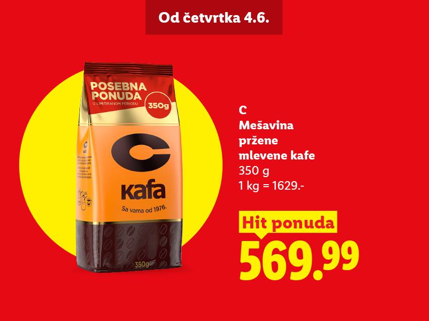 Pakovanje mlevene kafe od 350g na akciji za 569.99 dinara.