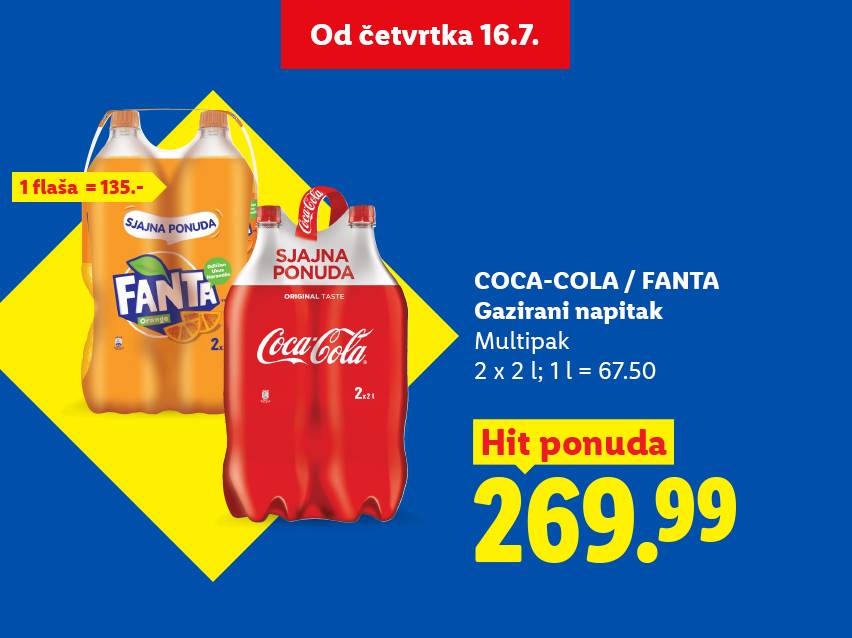 Ponuda gaziranih napitaka u multipaku, 2x2l, po ceni od 269.99 dinara, važi od četvrtka 16.7.