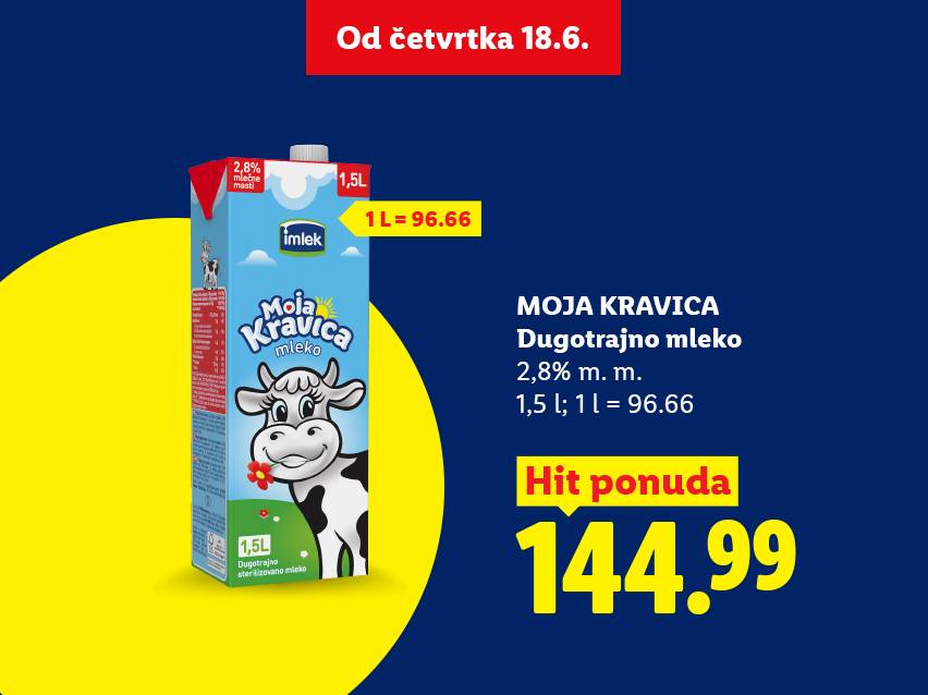 Ponuda dugotrajnog mleka sa 2,8% mlečne masti u pakovanju od 1,5L po ceni od 144.99.