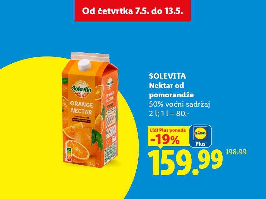 Reklama za nektar od pomorandže sa 50% voćnog sadržaja, 2l, snižen 19% na 159.99.