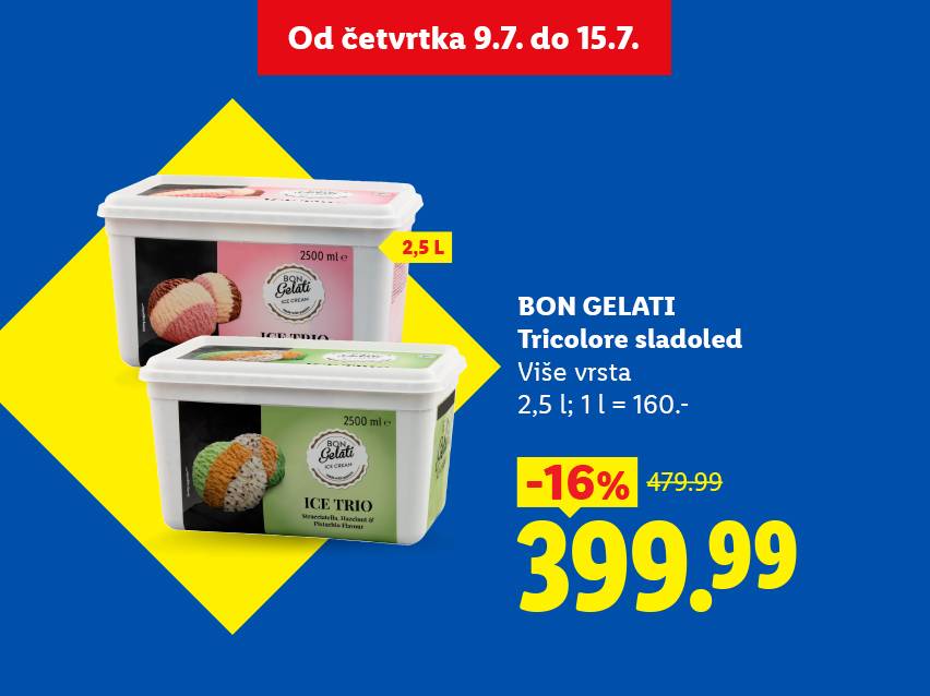 Dva pakovanja sladoleda od 2,5 L, sa cenom od 399.99, sniženom sa 479.99.