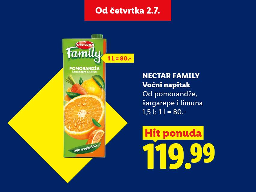 Ponuda voćnog napitka od pomorandže, šargarepe i limuna, 1,5 l za 119.99.
