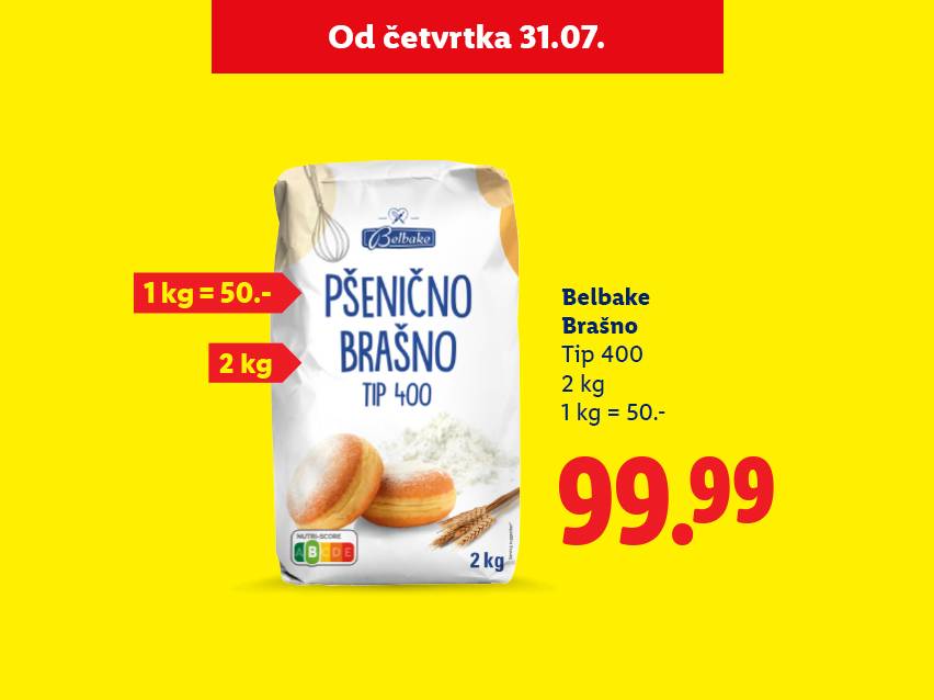 Belbake pšenično brašno tip 400, 2kg, 99.99 dinara.