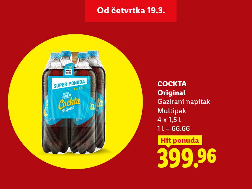 Pakovanje gaziranog napitka od 4x1,5L po ceni od 399.96, ponuda važi od četvrtka 19.3.