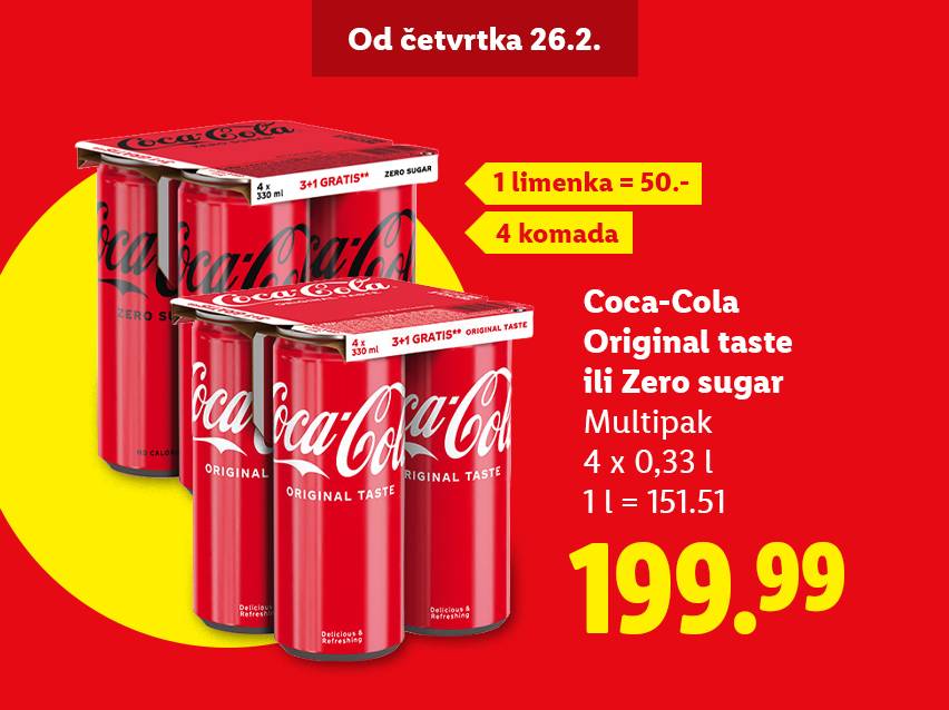 Pakovanje od 4 limenke gaziranog pića, originalnog ukusa ili bez šećera, po ceni od 199.99.