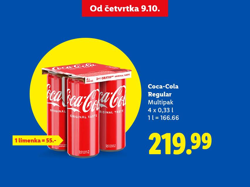 Reklama za Coca-Cola multipak (4x0,33l) sa cenom od 219.99 i informacijom da je jedna limenka 55.
