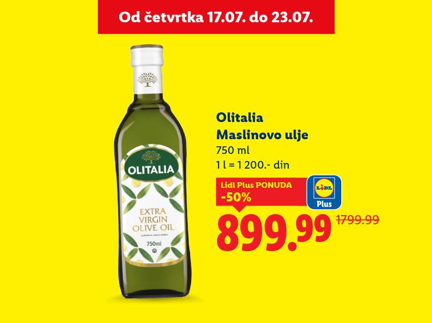 Olitalia maslinovo ulje (750ml) Lidl Plus ponuda -50%, 899.99 din.