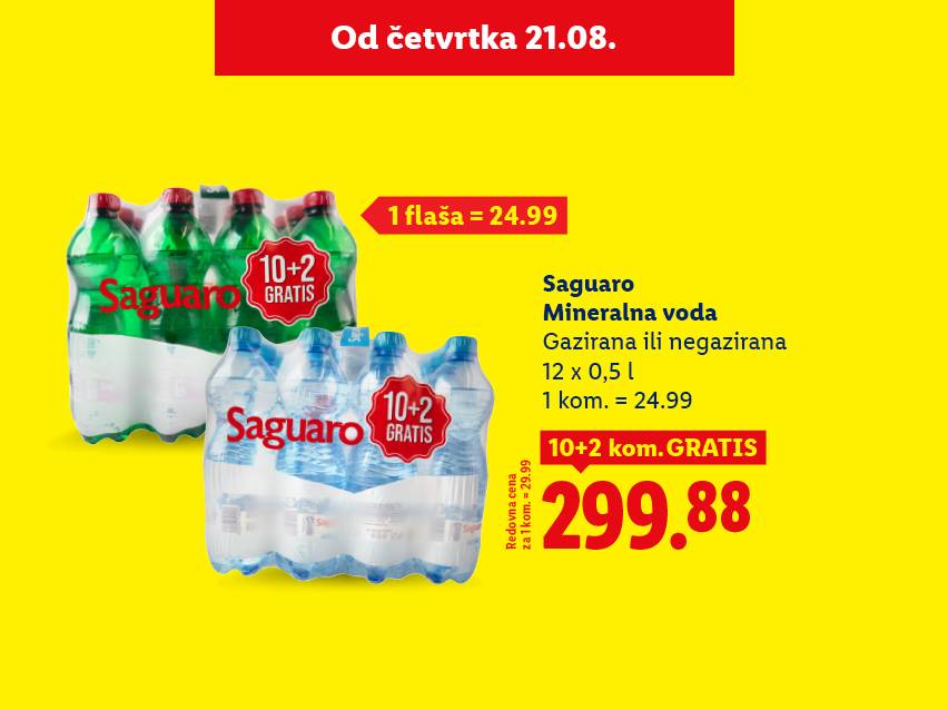 Reklama za Saguaro mineralnu vodu, gaziranu i negaziranu, sa ponudom 10+2 gratis.