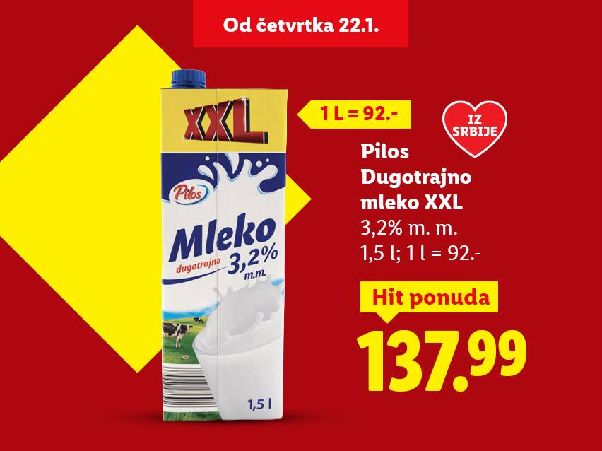 Ponuda dugotrajnog mleka sa 3,2% mlečne masti, 1,5L pakovanje, po ceni od 137.99.