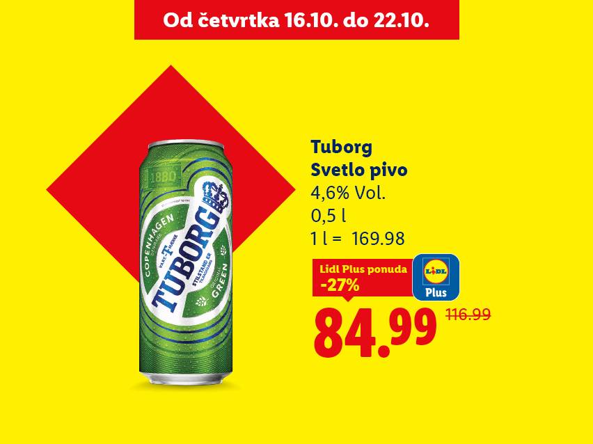 Tuborg svetlo pivo u konzervi, 0,5L, 4,6% Vol., sniženo 27% na 84.99.