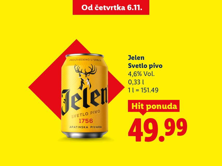 Jelen svetlo pivo, 0,33l, 4,6% Vol., po ceni od 49.99 dinara.