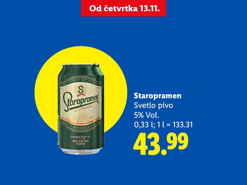 Staropramen svetlo pivo u konzervi, 0,33 l, 5% Vol., cena 43.99, dostupno od četvrtka 13.11.
