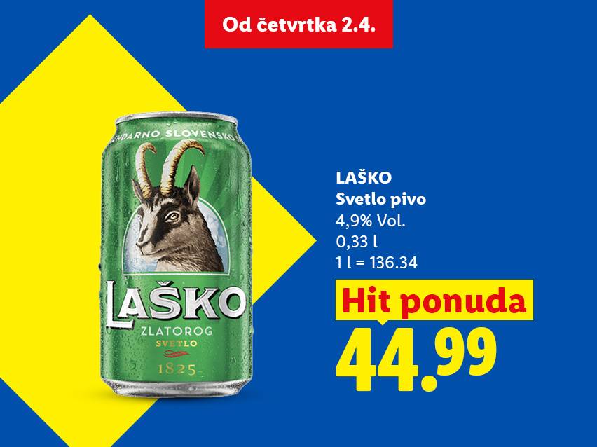 Reklama za svetlo pivo u limenci sa slikom koze, sa cenom i informacijama o proizvodu.