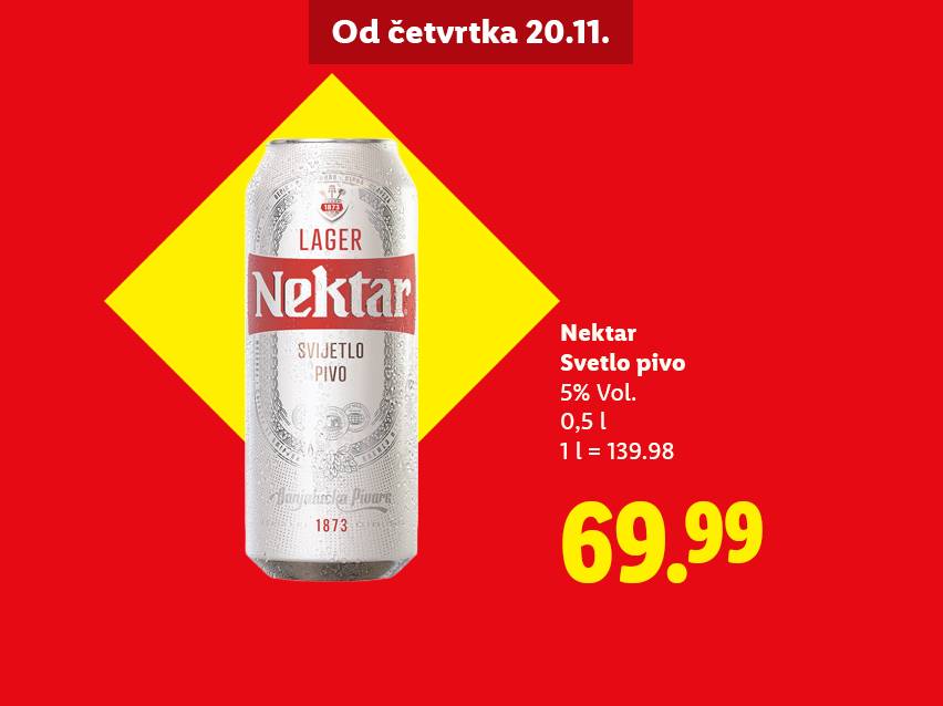 Nektar svetlo pivo u limenci, 0,5 l, 5% vol., cena 69.99.