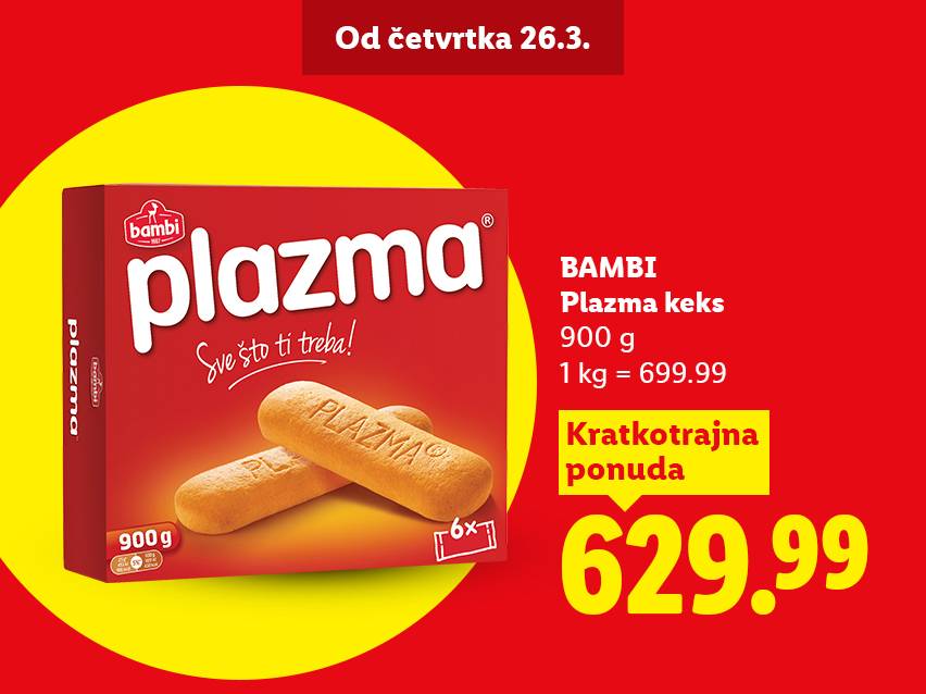 Pakovanje keksa od 900g na akciji za 629.99, sa naznakom da ponuda počinje od četvrtka 26.3.