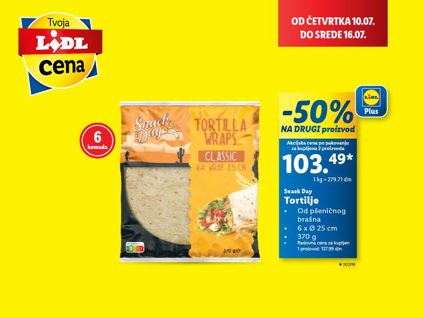 Lidl cena: Snack Day Tortilla Wraps - 50% popusta na drugi proizvod.