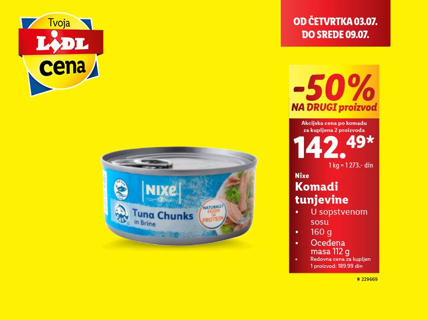 Lidl akcija: Nixe komadi tunjevine u sopstvenom sosu, 160g, -50% na drugi proizvod.