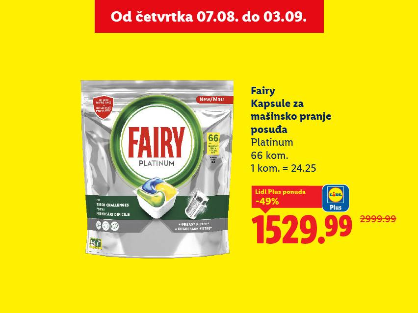 Fairy Platinum kapsule za mašinsko pranje posuđa, 66 komada, na akciji u Lidlu.